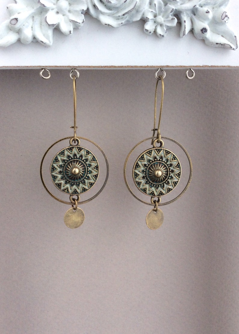 Bronze Boho Earrings, Circle Earrings, Kidney Wires, Vintage Drop Earrings, Bohemian Disc Earrings, Festival, Ethnic Jewellery, Hoops, UK image 6