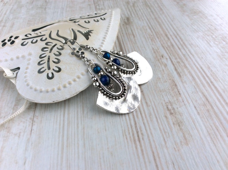 Tribal Earrings, Silver Drop Earrings, Dark Blue Bead Earrings, Ethnic Earrings, Boho Earrings UK, Long Drop, Large Earring, Sterling Silver image 7