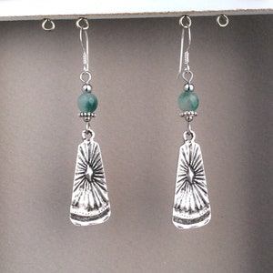 Silver Boho Earrings, Ethnic Festival, Rustic Earrings, Green Agate Bead, Dangle Bohemian Earrings, Blue, Sunburst, Antique Silver, UK image 2