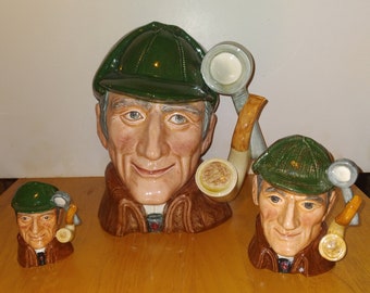 Royal Doulton, The Sleuth Toby Jug Mug Set: Lg, Sm and Mini, Made In England Historical Collectible Figurine