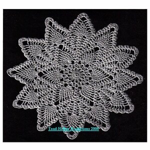 Puede incluir: Un encaje de ganchillo blanco con un diseño de estrella. El encaje está sobre un fondo negro. D'Oyley No. 12. Toad Hollow Acquisitions 2006. Página Veintisiete.