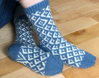 Stranded knitting sock pattern, pdf, woman's knit sock pattern, man's knit sock pattern, color work sock knitting pattern,  Shadow Box Socks