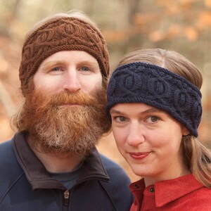May include: Two people wearing knitted headbands. The headband on the left is brown and the headband on the right is navy blue.