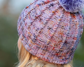 Hyalite Hat Knitting Pattern PDF, woman's hat pattern, men's hat pattern, twisted stitch knit hat pattern, Malabrigo Rios hat pattern