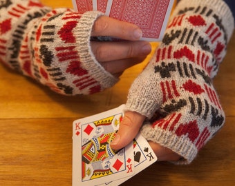 Fingerless Mitts Knitting Pattern PDF, Fingerless Mitts Stranded Knitting Pattern, Womens Fingerless Mitts, Card Game Mitts Knitting Pattern