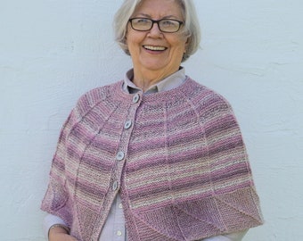 Cape knitting pattern PDF, seamless knitted cape pattern,  quick knit cape, variegated yarn pattern, mitered squares, Down East Cape