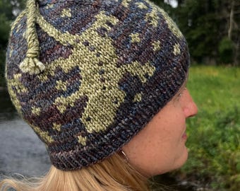 Gecko Hat Knitting Pattern, Stranded Knitting, Womans knit hat pattern, Mens knit hat pattern, Kids, gecko, malabrigo yarn