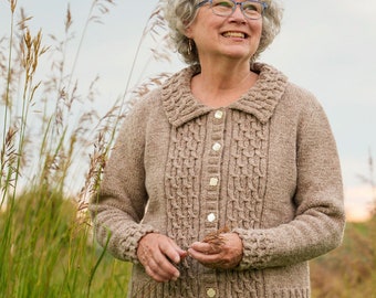 Cable Collar Cardigan PDF Knitting Pattern, Flat knit sweater pattern, collar sweater pattern, cabled cardigan pattern, PDF knitting pattern