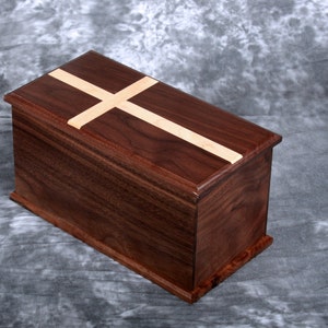 Extra large Walnut cremation urn with maple cross