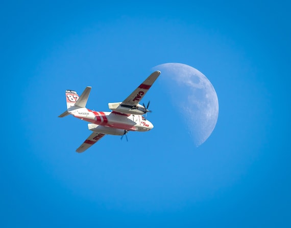 Tanker 82 enroute to the Moon (Prints) Cal Fire Air Tanker flying in front of the Moon