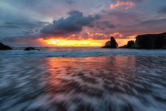Spellbound (Metal Panel) Long exposure beach photograph Bandon Oregon sunset