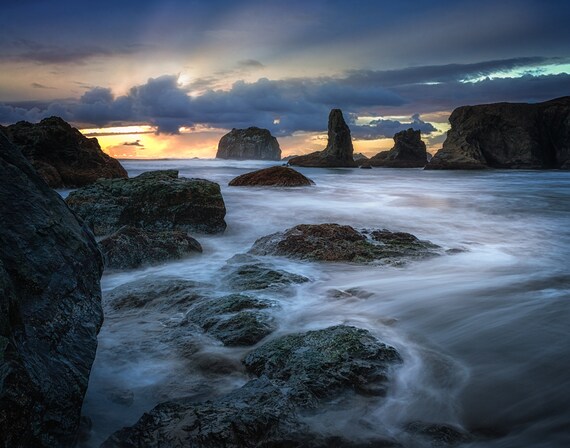 Breathtaking (Prints) long exposure beach photograph Bandon Oregon at Sunset