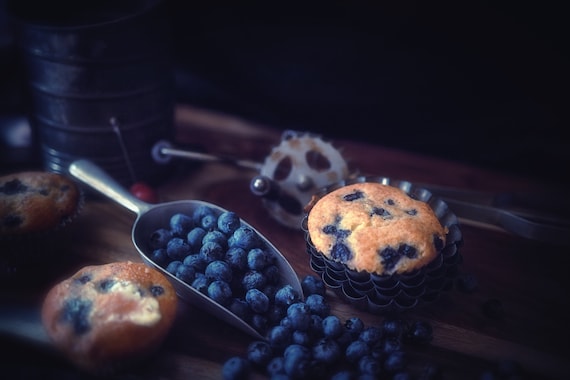 Old Time Goodies (Metal Panel) Dark food photograpy of Blueberry muffins and vintage kitchenware