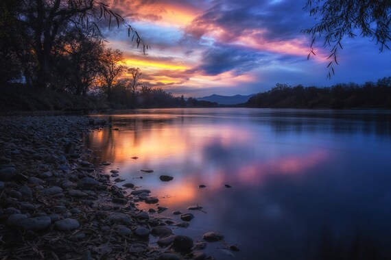 The Edge of Night (Metal Panel) long exposure photograph of the Sacramneto River Sunset reflections on the water