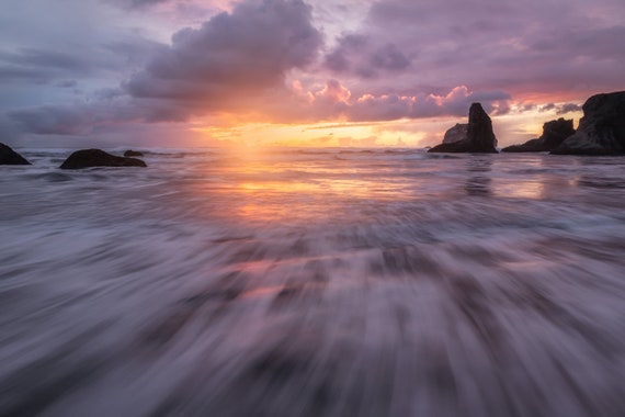 Just another night in Bandon (Metal Panel) Long exposure beach photograph Bandon Oregon sunset