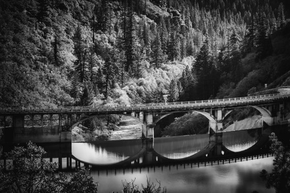 Lake Britton Dam in Black and White (Metal Panel) the bridge and Dam where Lake Britton pour into the Pit River