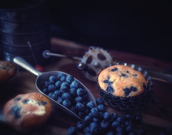 Old Time Goodness (Prints) Dark food photography of blueberry muffins