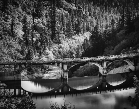 Lake Britton Dam in Bland and White (prints) the bridge and Dam where Lake Britton pours into the Pit River