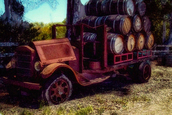 Loaded (Metal Panel) an old wine truck loaded with barrels of wine digital photograph