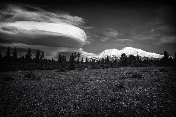 Lenticular Madness (CANVAS) Mount Shasta and a Lenticular Cloud inblack and white