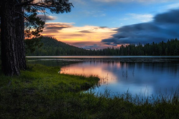 Dreaming (Metal Panel) long exposure photograph of Juanita Lake Sunset reflections on the water