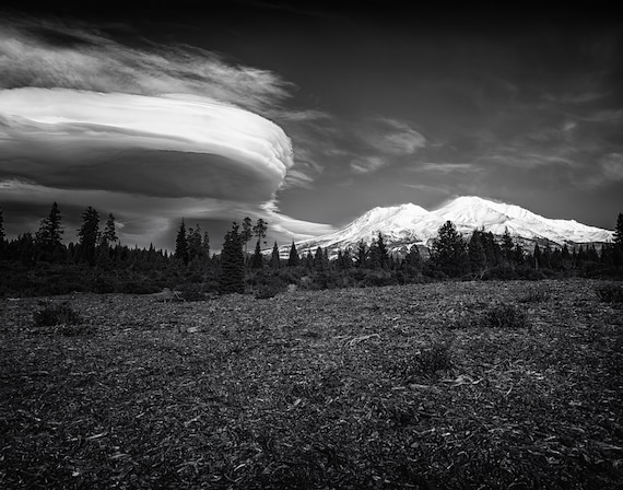 Lenticular Madness (Prints) Mount Shasta with a Lenticular Cloud in black and white