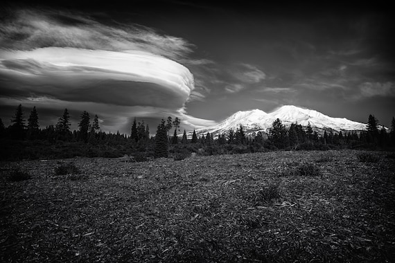 Lenticular Madness (Metal Panel) Mount Shasta and a Lenticular Cloud in black and white