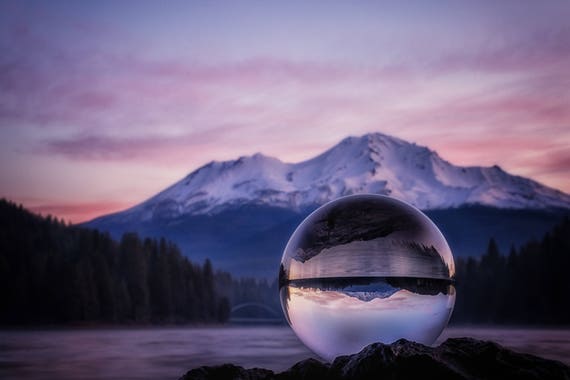 My Perspective on a Sunrise (Metal Panel) Mt. Shasta from Lake Siskiyou in a crystal ball