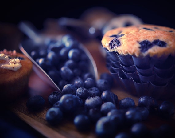 Muffin Mania (Prints) Dark food photography of blueberry muffins and vintage kitchenware
