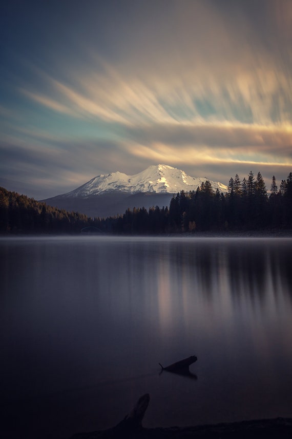 Touched (prints) Sunrise at Lake Siskiyou with Mt. Shasta in the background