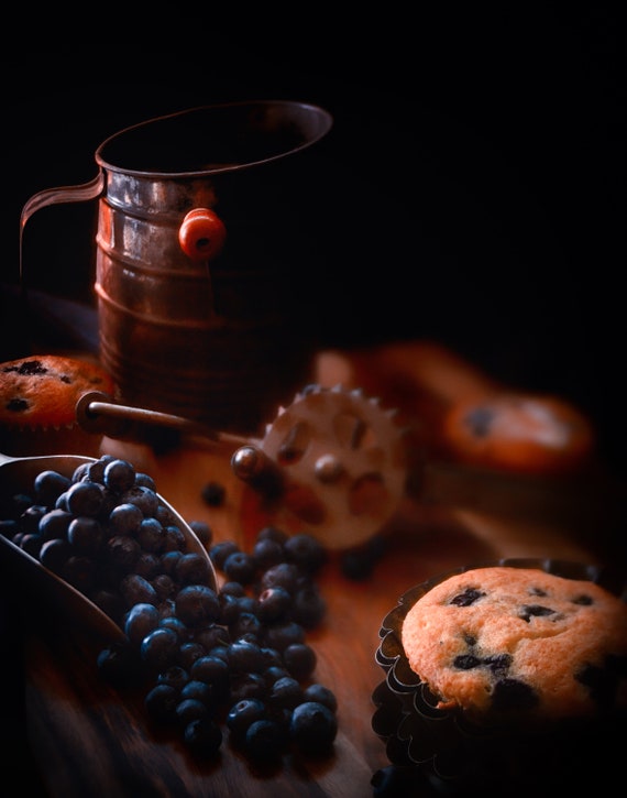 Grandma's Blueberry Muffins (Metal Panel) Dark food photograpy of Blueberry muffins and vintage kitchenware