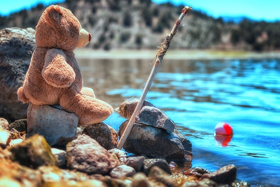 My little fishing buddy (Metal Panel) just a teddy bear fishing at the lake