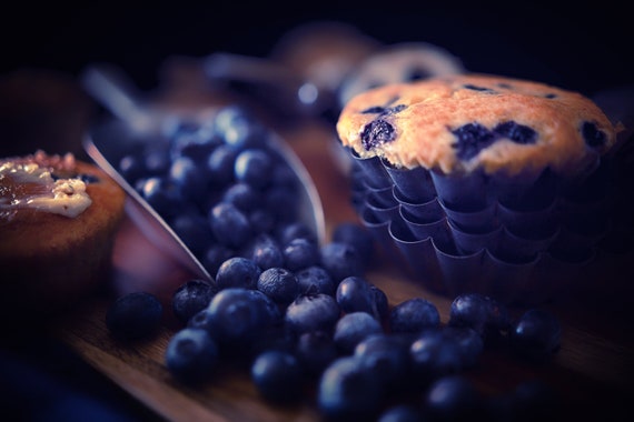 Muffin Mania (CANVAS) Dark food photography of blueberry muffins and vintage kitchenware