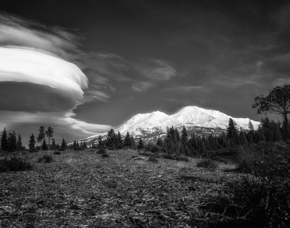 A Wonderful World We Live In (Prints) Mount Shasta with a Lenticular Cloud in black and white