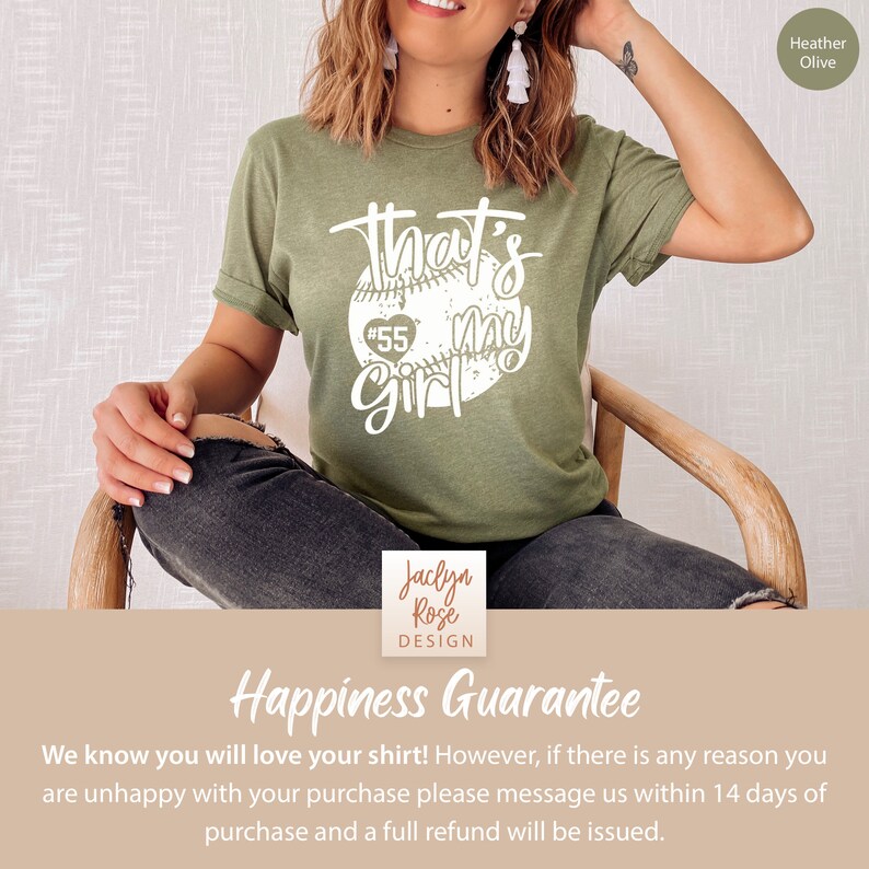 May include: A green t-shirt with a white baseball graphic and the text "That's my girl #55". The shirt is sitting on a wooden chair. The text "Jaclyn Rose DESIGN" is at the bottom of the image.