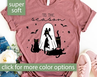 Halloween Black Cat Ghost Shirt, Halloween Ghost Tshirt, Ghost Cat T Shirt for Halloween Gift for Halloween Women Tee Tis The Season Shirt
