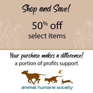 K&ouml;nnte beinhalten: Eine beige und braune Grafik mit dem Text "Shop and Save! 50% off select items" und "Your purchase makes a difference! A portion of profits support animal humane society". Die Grafik zeigt einen braunen Hund, eine Katze und ein Kaninchen, die nach rechts laufen. Ein kleiner orangefarbener Vogel fliegt &uuml;ber der Katze.