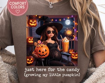 Just Here for the Candy Funny Pregnancy Halloween Shirt, Funny Doll Face Meme Tshirt for Halloween Party, Women Comfort Colors Graphic Tee