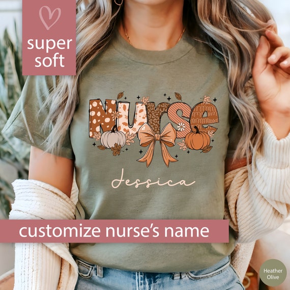Custom Fall Nurse Shirt, Personalized Nurse Pumpkin Tshirt for Nurse Gift for Nurse, Fall Coquette Bow T Shirt for Registered Nurse T-Shirt