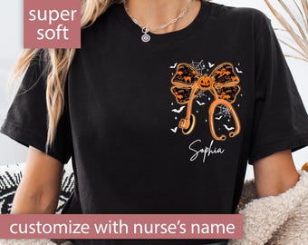 Custom Halloween Nurse Shirt Personalized RN Shirt Nurse Stethoscope Bow Tshirt Coquette Nurse T Shirt Nurse Gift for Nurse Group Shirt Tee