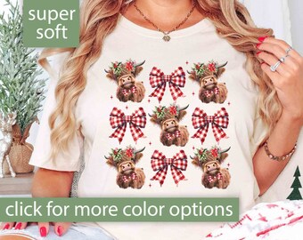 Christmas Highland Cow Shirt for Women, Cow Lover Shirt for Christmas Gift for Women, Coquette Bow Cow Tshirt, Cute Cow Christmas Tee Shirt