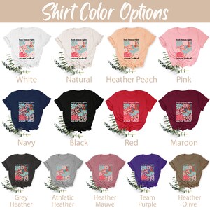 May include: A graphic t-shirt design featuring a floral pattern and the text "basic human rights are not radical". The shirt is shown in 12 different colors: white, natural, heather peach, pink, navy, black, red, maroon, grey heather, athletic heather, heather mauve, team purple, and heather olive.