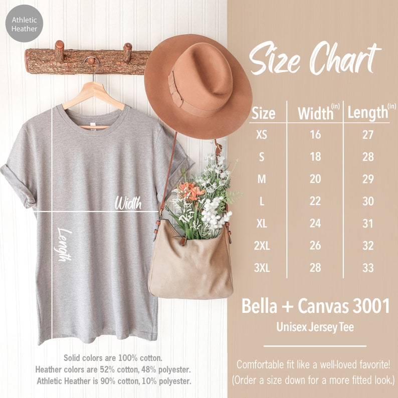 May include: A size chart for a unisex jersey tee, showing measurements in inches for width and length. The chart includes sizes XS through 3XL. The text "Bella + Canvas 3001" is also included.