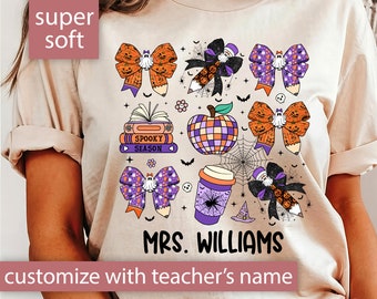 Personalized Halloween Teacher Shirt, Custom Teacher Halloween Tshirt for Teacher Gift, Spooky Coquette Halloween T-Shirt, Cute Ghost Tee