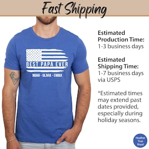 May include: A blue t-shirt with a distressed American flag design and the text "Best Papa Ever" with names "Noah-Olivia-Emma" underneath.