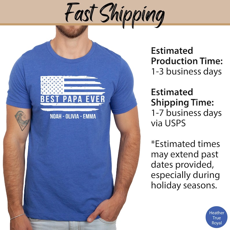 May include: A blue t-shirt with a distressed American flag design and the text "Best Papa Ever" with names "Noah-Olivia-Emma" underneath.