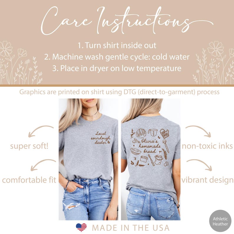 Pu&ograve; includere: T-shirt grigio atletico heather con un piccolo design "Local sourdough dealer" sul davanti e una grafica "Olivia's homemade bread" sul retro. La maglietta &egrave; prodotta negli Stati Uniti e ha le istruzioni per la cura stampate sopra.