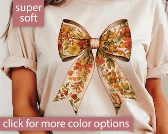 Fall Coquette Bow Shirt for Women, Retro Fall Coquette Bow Tshirt Gift for Her, Cute Autumn T Shirt, Floral Bow Fall Tee, Thanksgiving Shirt
