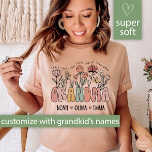 Personalized Grandma Shirt for Mothers Day Gift for Grandma with Grandkids Names, Custom Grandma Tshirt Retro Wildflower Tee Grandma Gift