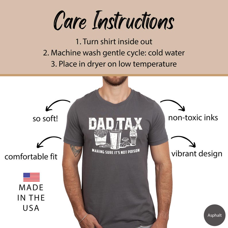 K&ouml;nnte beinhalten: Ein graues T-Shirt mit einer wei&szlig;en Grafik, auf der "Dad Tax" steht und ein Cartoon-Bild von Fast Food abgebildet ist. Der Text unter dem Bild lautet "Making sure it's not poison".